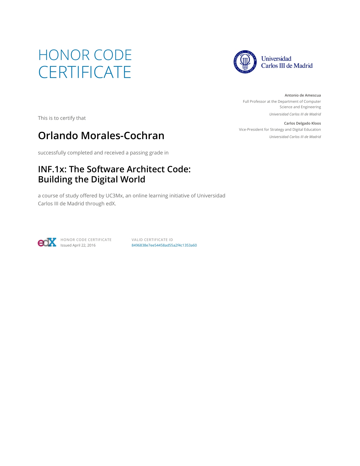 edX - The Software Architect Code: Building the Digital World Certificate of Course Completion with Passing Grade