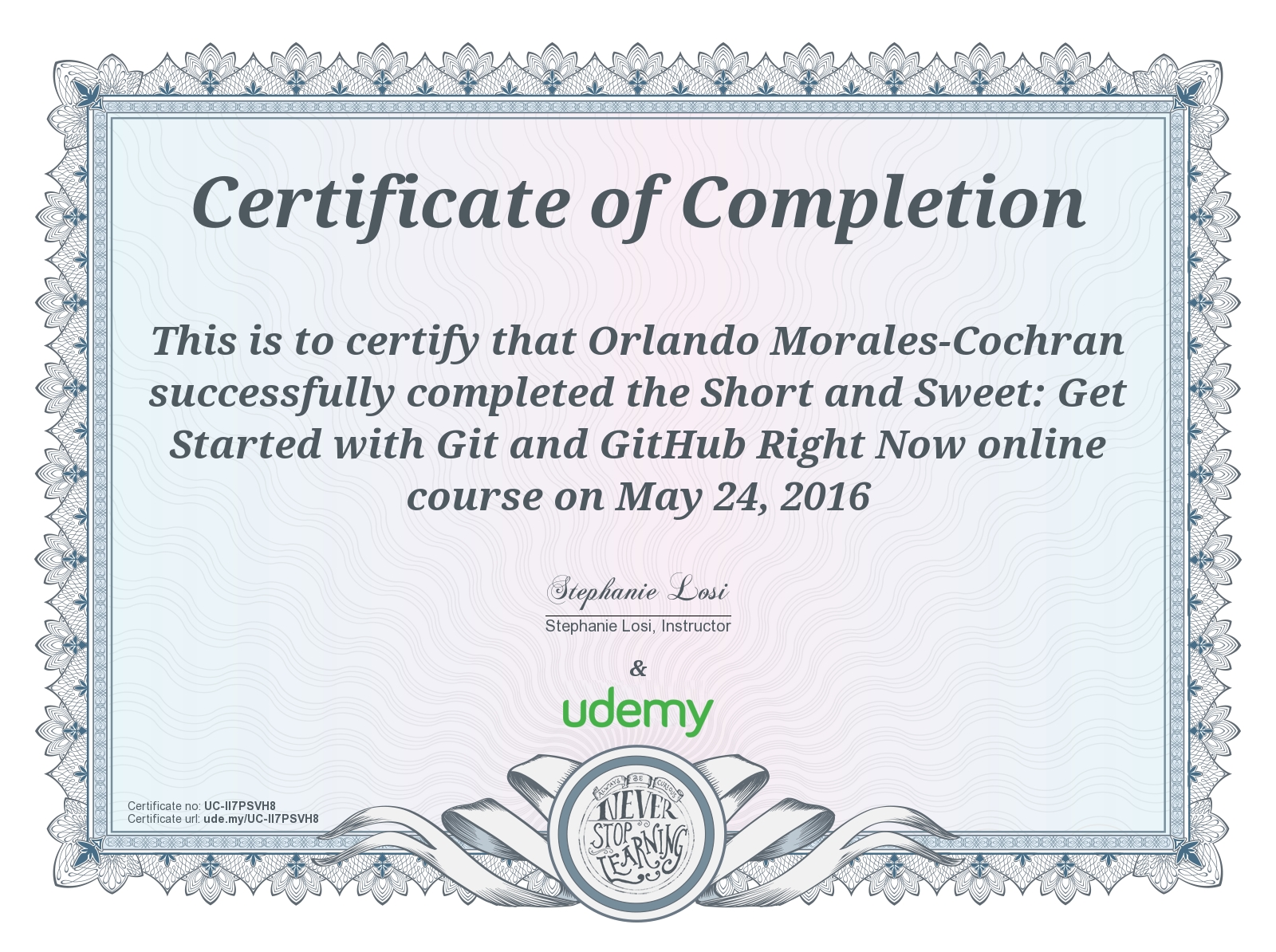 Udemy - Getting Started with Git and Github Certificate of Course Completion