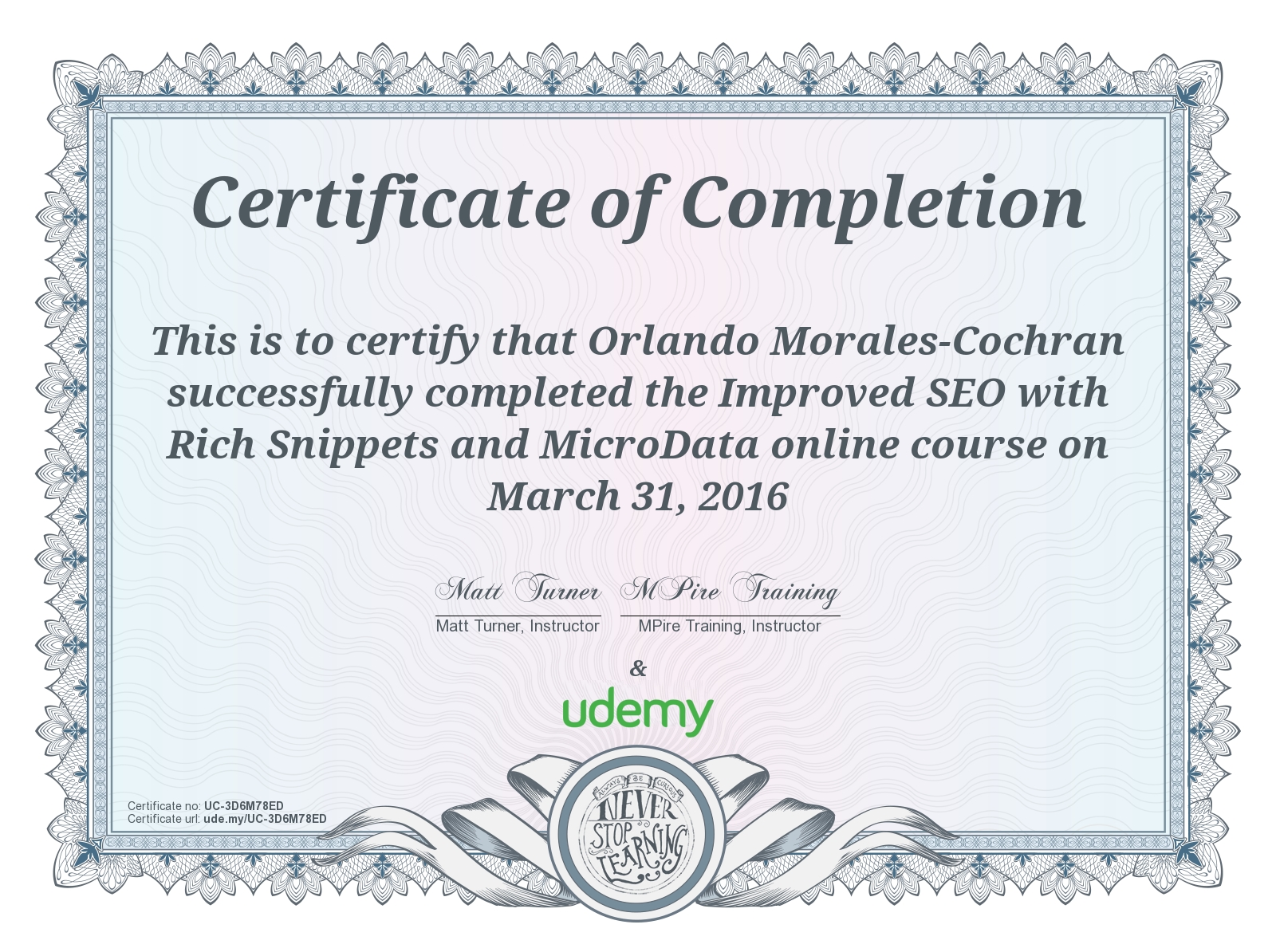 Udemy SEO - Rich Snippets and Microdata Certificate of Course Completion