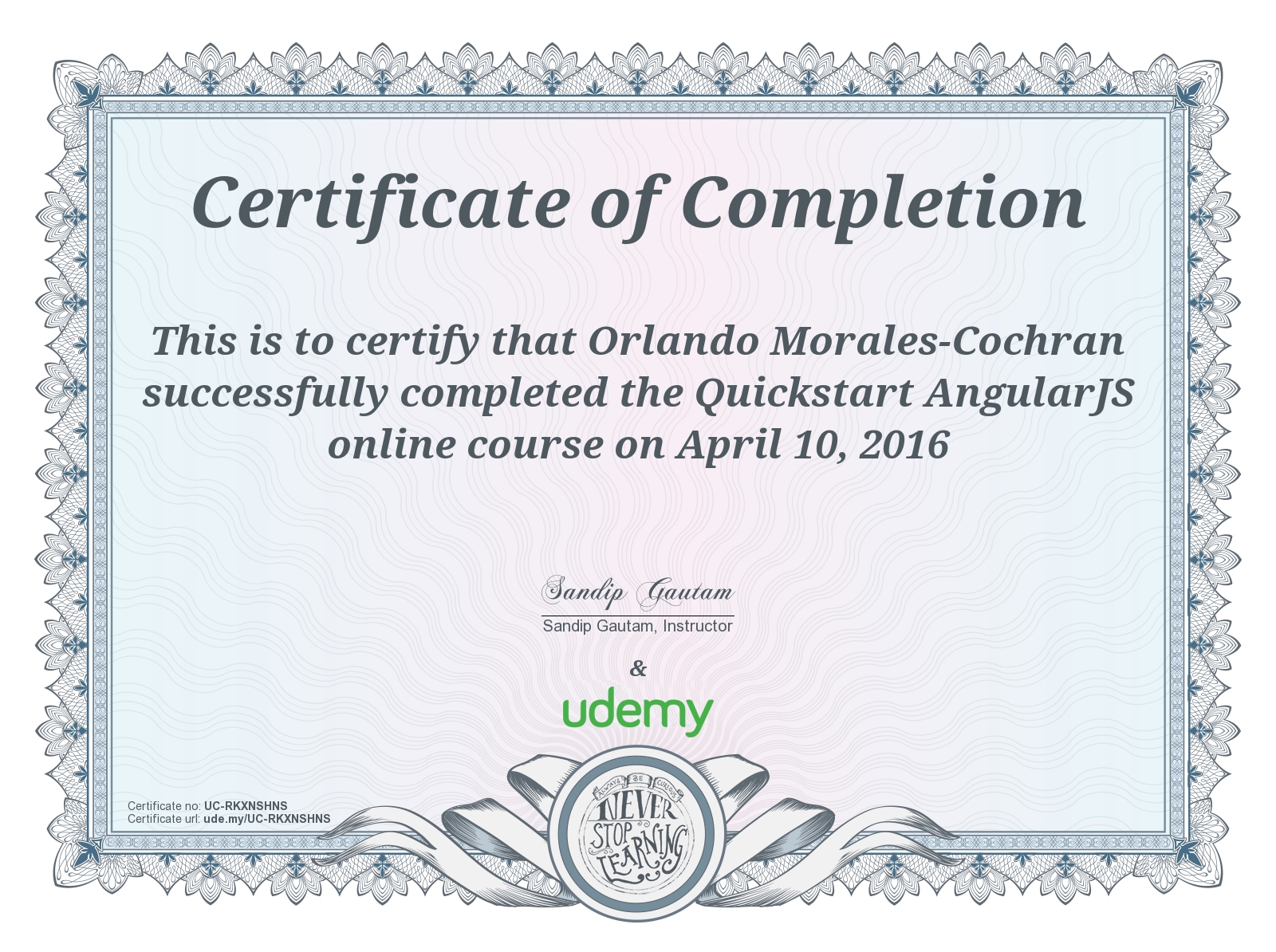 Udemy - Quickstart AngularJS Certificate of Course Completion