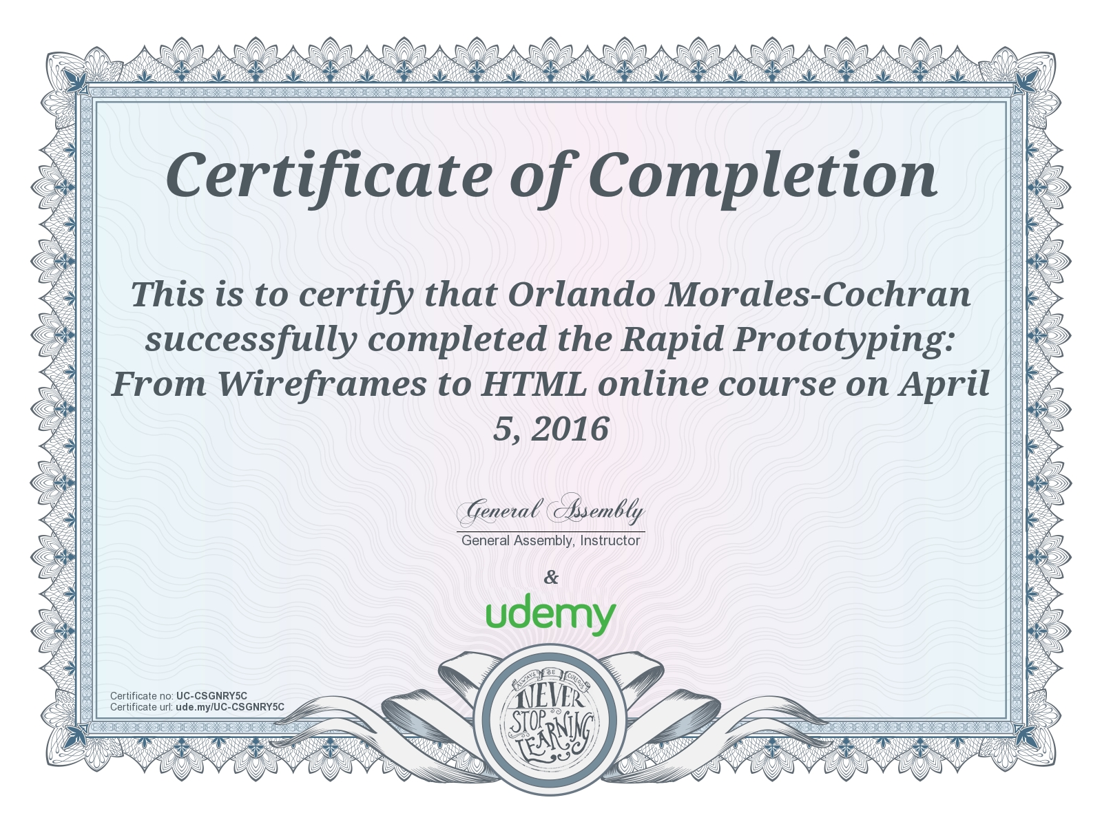 Udemy - Rapid Prototyping:From Wireframes to HTML Certificate of Course Completion