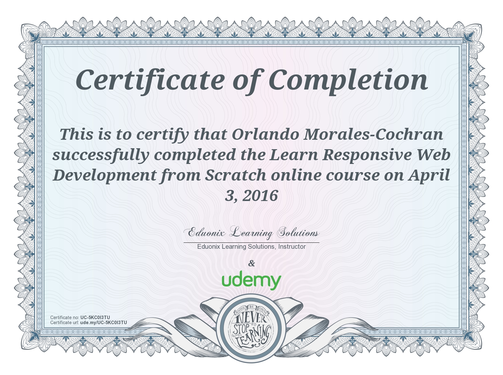 Udemy - Responsive Design with Bootstrap Certificate of Course Completion