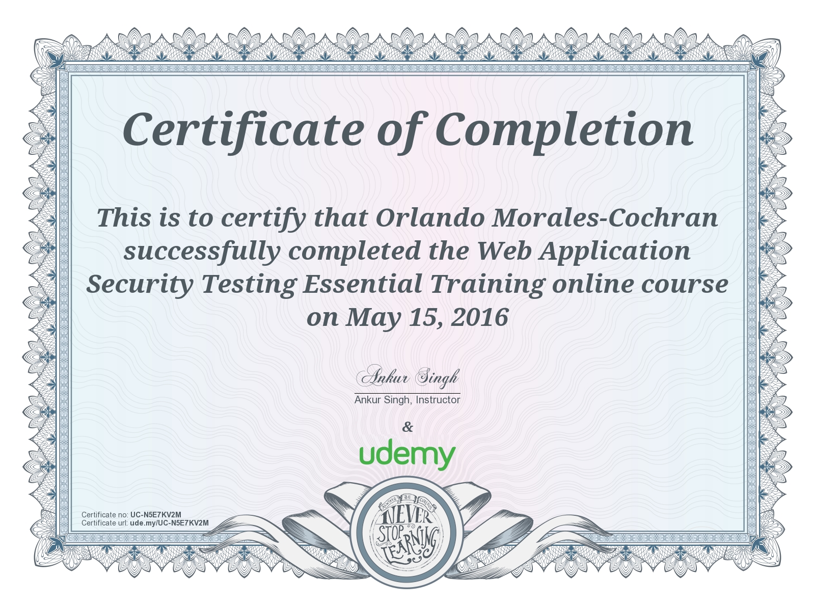 Udemy - Web Application Security Essentials Certificate of Course Completion